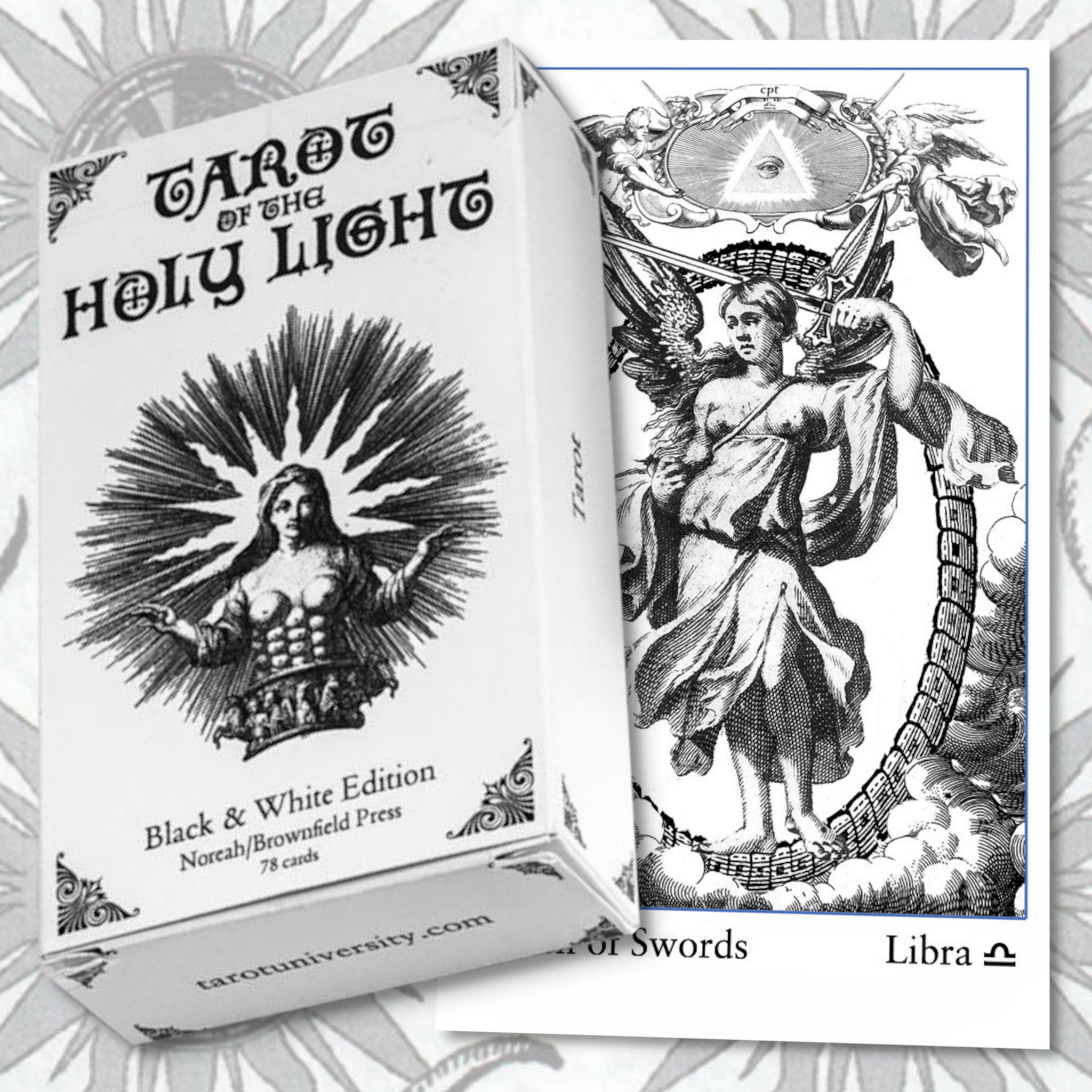 Tarot of the Holy Light Black and White Deck and Queen of Swords Card.