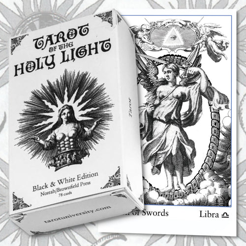 Tarot of the Holy Light Black and White Deck and Queen of Swords Card.