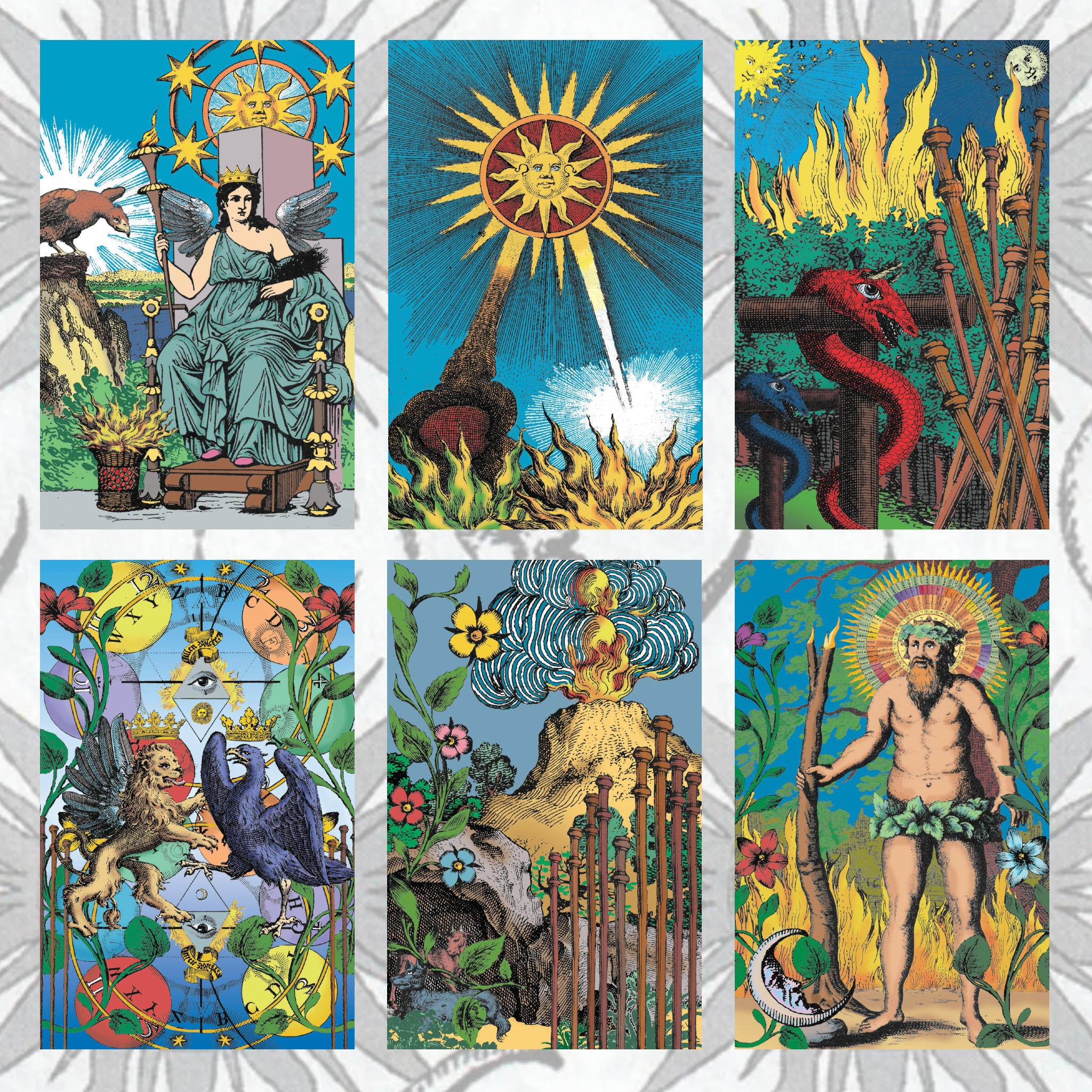 A grid showing six of the cards from Tarot of the Holy Light.