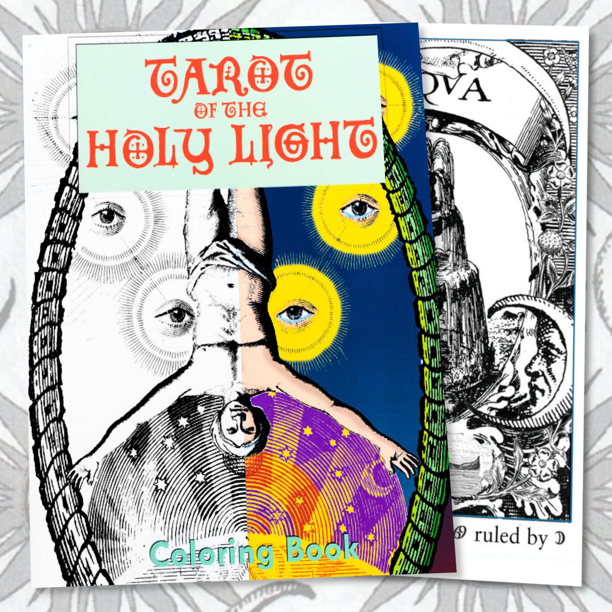 Tarot of the Holy Light Coloring Book Front Cover and Black and White Card.